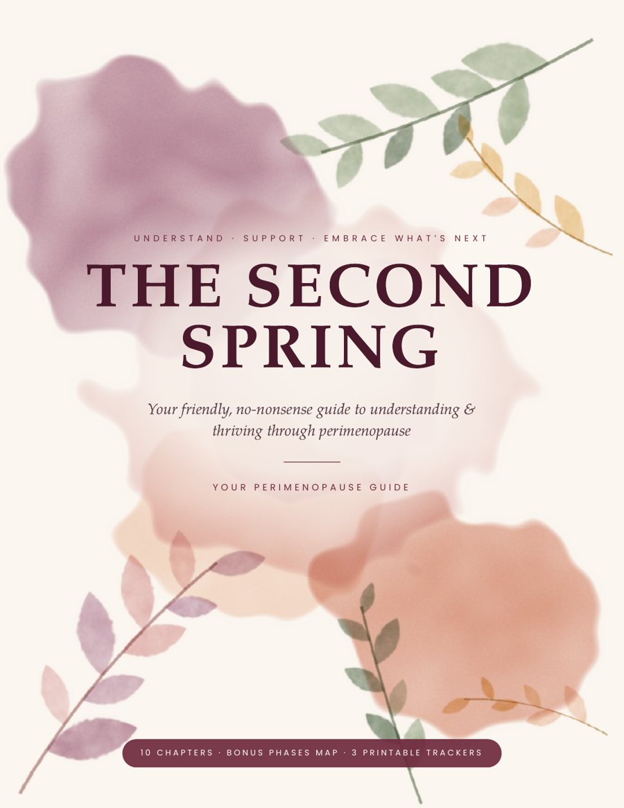 The Second Spring perimenopause guide cover, with watercolor washes and leaf sprigs in plum, rose and sage