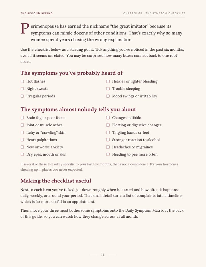 Symptom checklist page with tick boxes for common and lesser-known symptoms