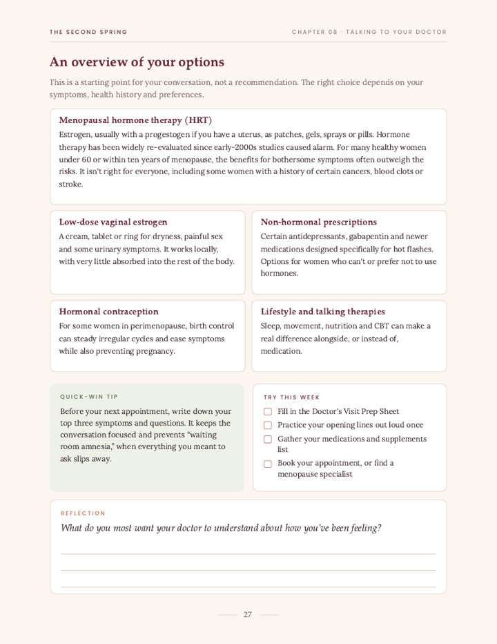 Overview of treatment options page with quick-win tip, try-this-week checklist and reflection prompt