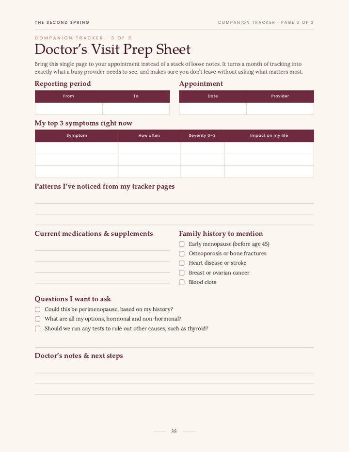 Doctor's Visit Prep Sheet with sections for symptoms, patterns, medications, family history and questions